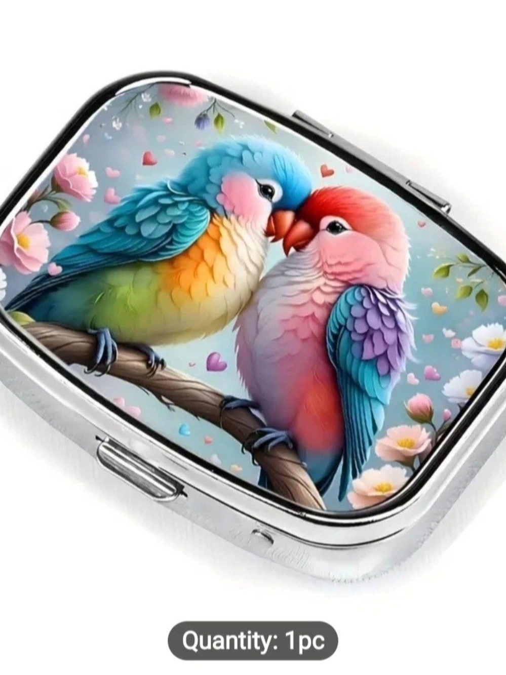 Colorful Lovebirds Birds Personal Pill Box W/Compartments & Mirror.  Pink & Blue